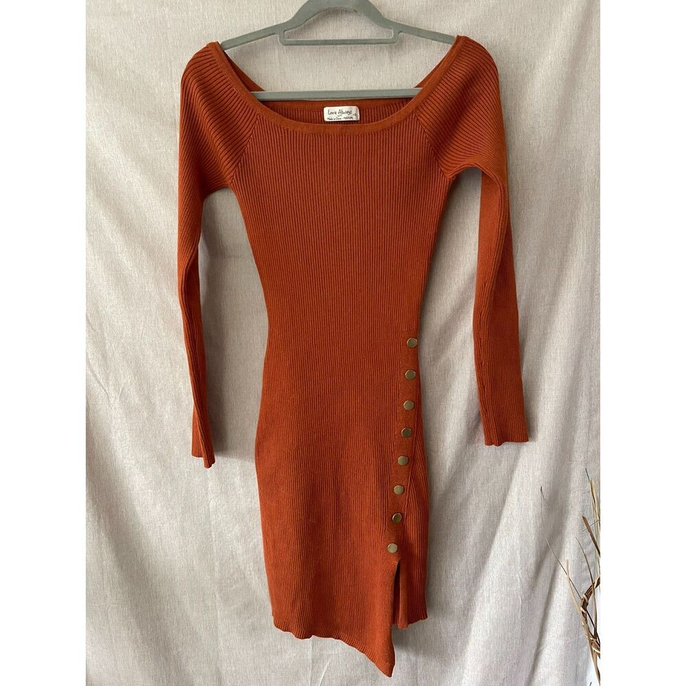 Love Always Rust Orange Ribbed Long Sleeve Button Detail Bodycon Sweater Dress M